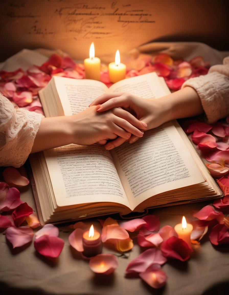 A warm, cozy scene depicting an open book with handwritten love letters spilling out, surrounded by soft, glowing candles and rose petals. A pair of clasped hands rests gently on the pages, symbolizing deep connection and affection. The background features a softly blurred silhouette of a couple embracing, enveloped in delicate swirls of colorful romantic quotes. painting. warm colors. enchanting atmosphere.