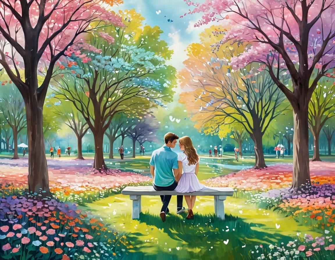 A whimsical scene depicting a couple in a serene park, surrounded by floating words and phrases in various romantic languages, intertwined with colorful flowers and hearts. The atmosphere should be dreamy, capturing the essence of love and communication. Soft, pastel colors enhance the romantic vibe, with gentle sunlight filtering through the trees. vibrant colors. dreamy painting.
